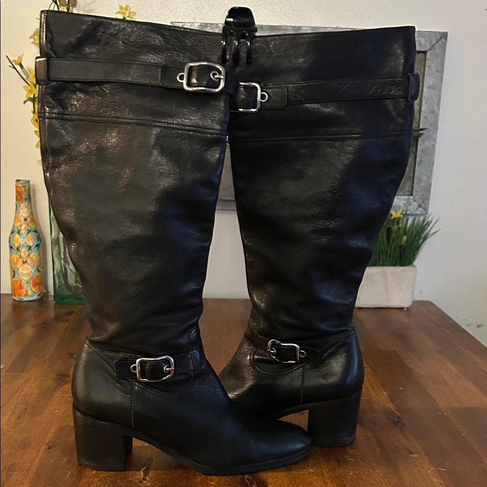 Coach Black Leather Knee-High Heeled Boots with Buckle Details - Picture 7 of 10